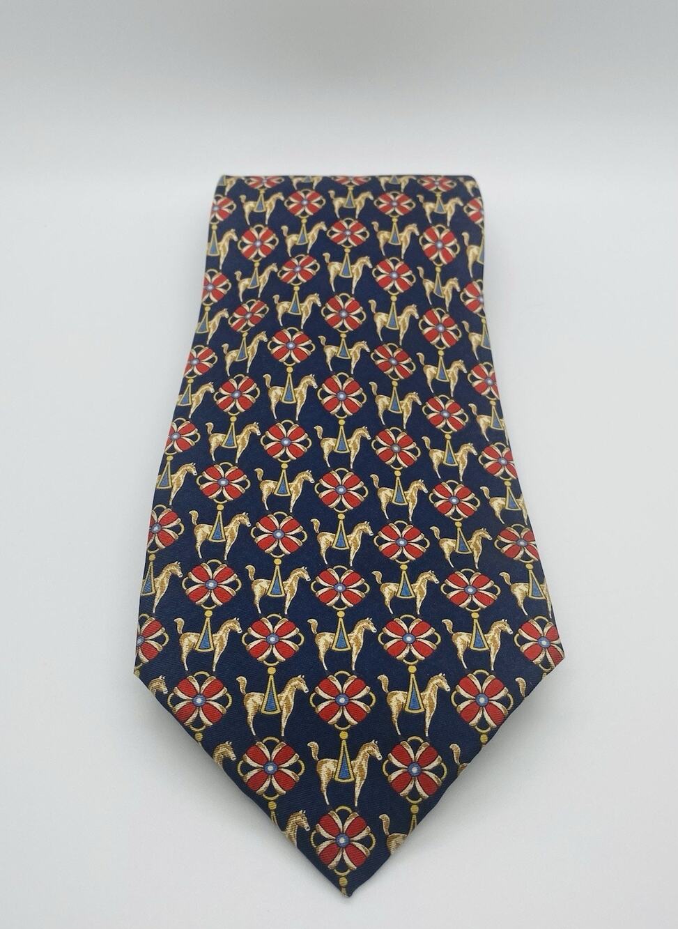FENDI Cravatte Italy Silk Neck Tie Blue Red Horse Equestrian Pattern EUC Vintage